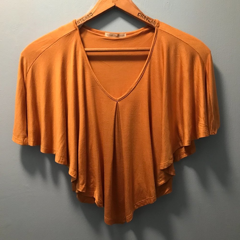 Juniors V Neck Flounce Top Mustard Color